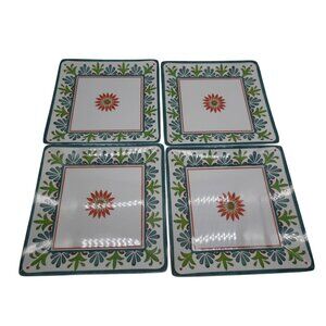 Melamine Plate Floral Design Green & White Set Of 4